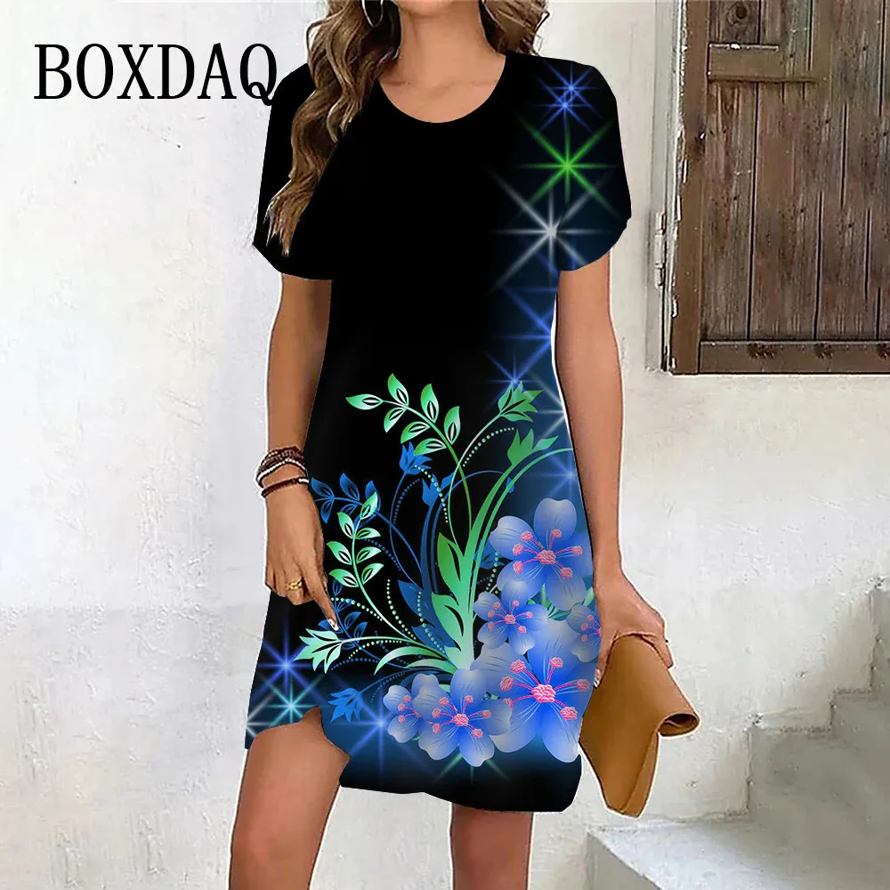 6XL Plus Size Dress 2024 Summer Fashion Women Clothing Short Sleeve Pullover Casual Loose Mini Dress 3D Flower Print Party Dress