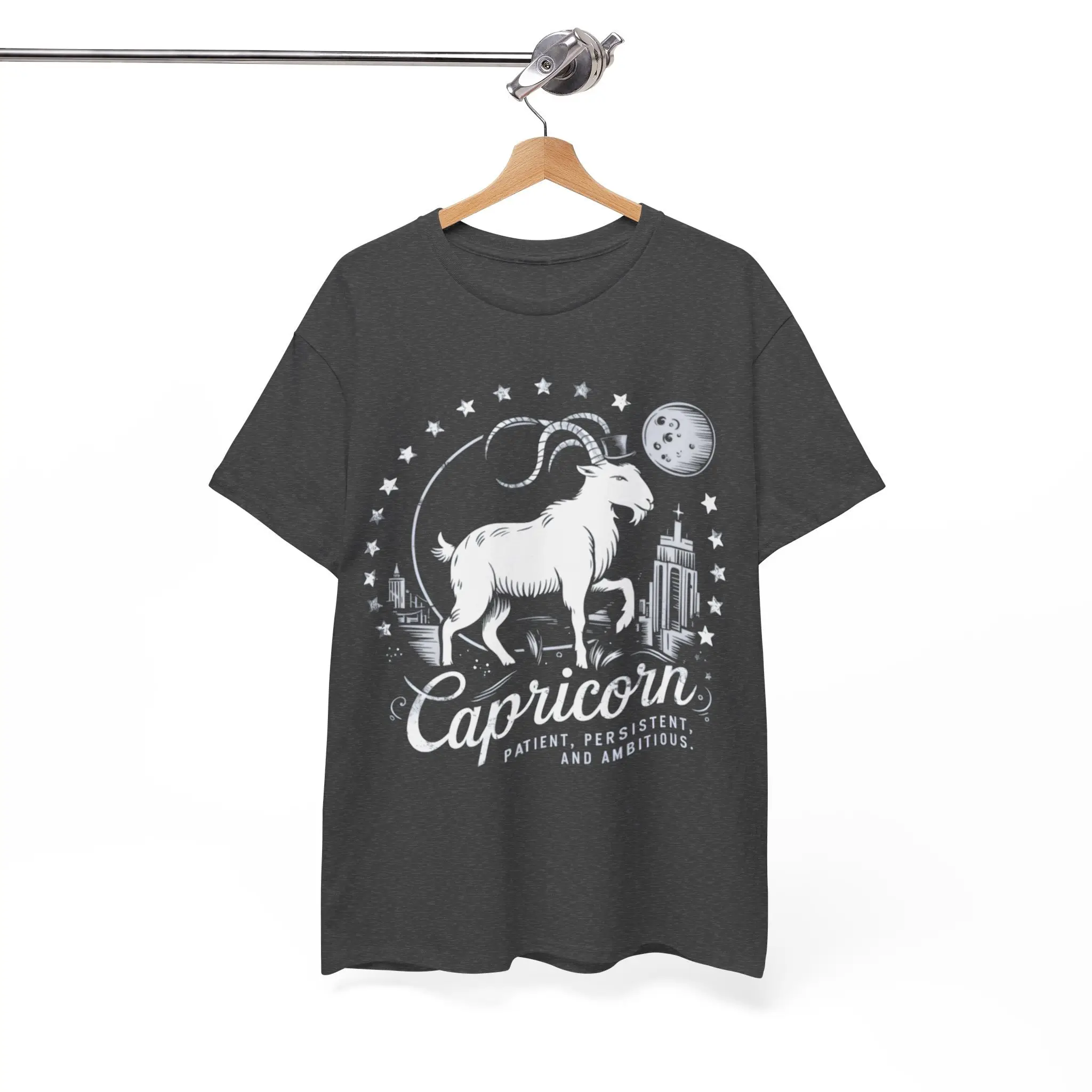 Capricorn Zodiac T Shirt For Astrology Lovers Mountain Goat Stars Top Hat Design Cityscape Full Moon Vintage Motto Casual Wear