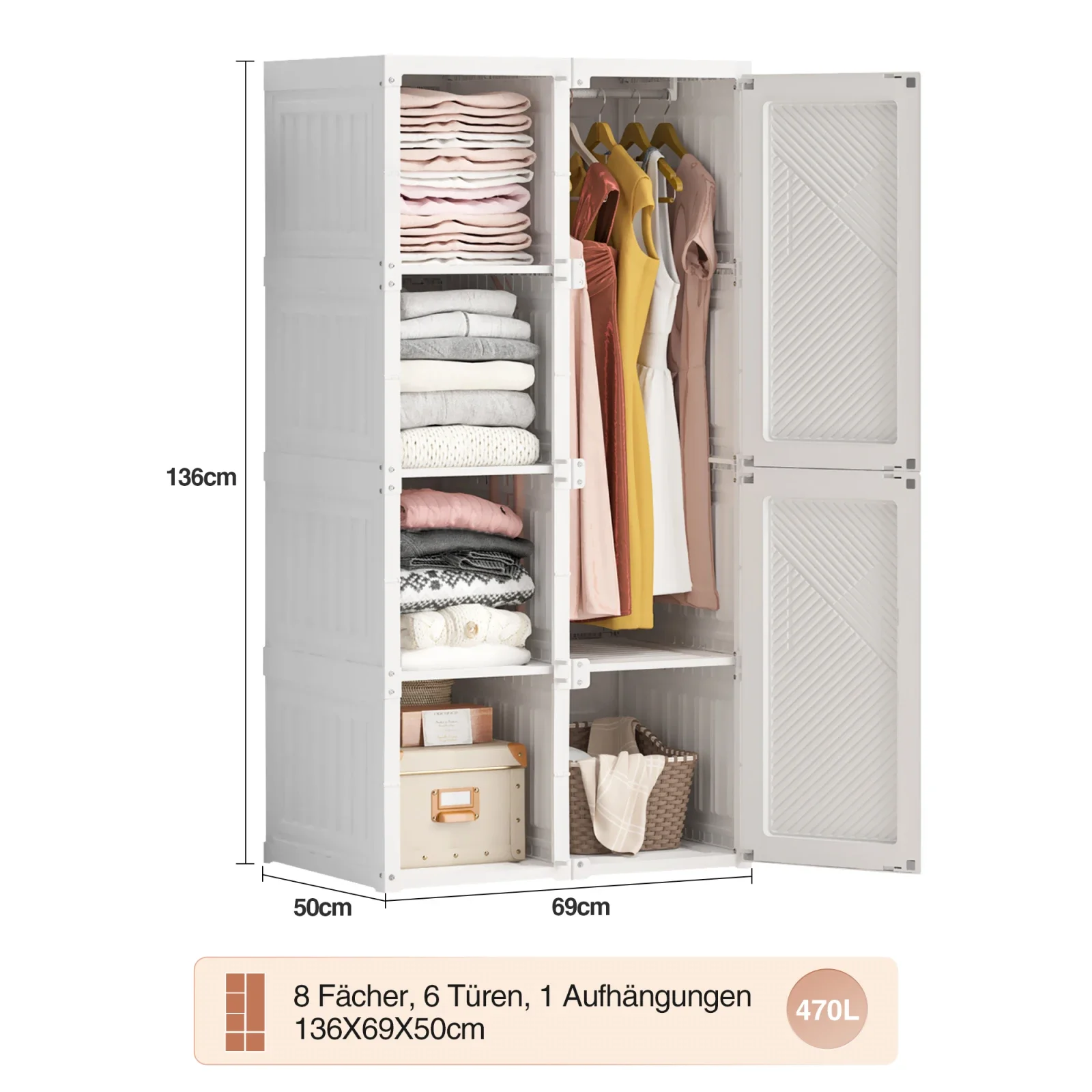 Superaly Witte Draagbare Garderobe, Opvouwbare Opbergkast met Kledingrek, Slaapkamerkast, Multifunctionele Kast voor de Slaapkamer