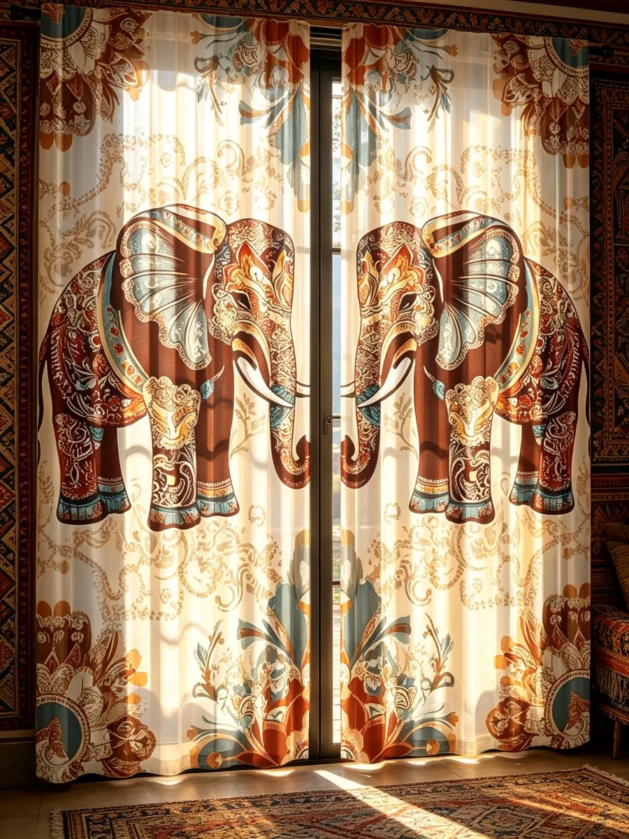 2PCS Elegant Elephant Floral Print Curtains, Boho Mandala Animal Botanical Pattern Window Drapes for Bedroom Living Room Decor