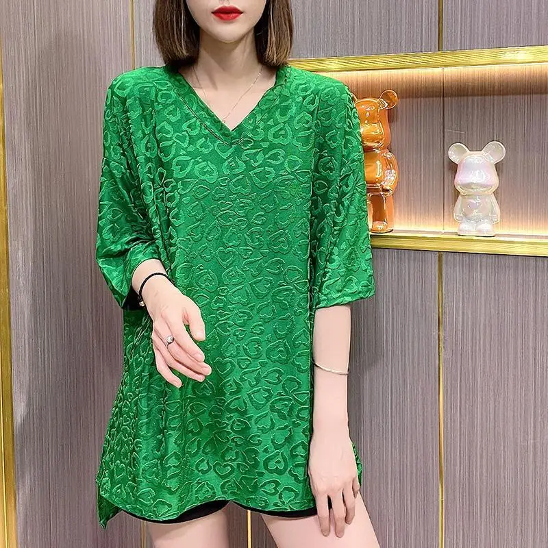 Casual Plus Size Loose T Shirts Summer New Thin Short Sleeve V Neck Solid All-match Tops Tees Fashion Vintage Women Clothing