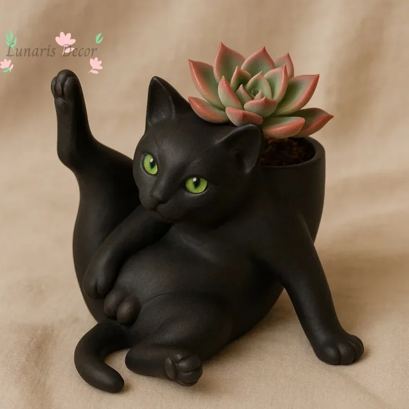 

Fun cat grooming pot fun cat flower pot resin ornament
