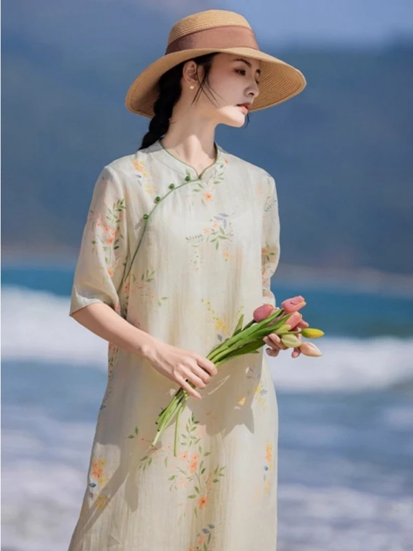 Elegancka damska bawełniana sukienka z nadrukiem, stójką, zapinana na guziki, w stylu modyfikowanego qipao, nowa letnia, do pracy, miękka, średniej długości, długa spódnica.