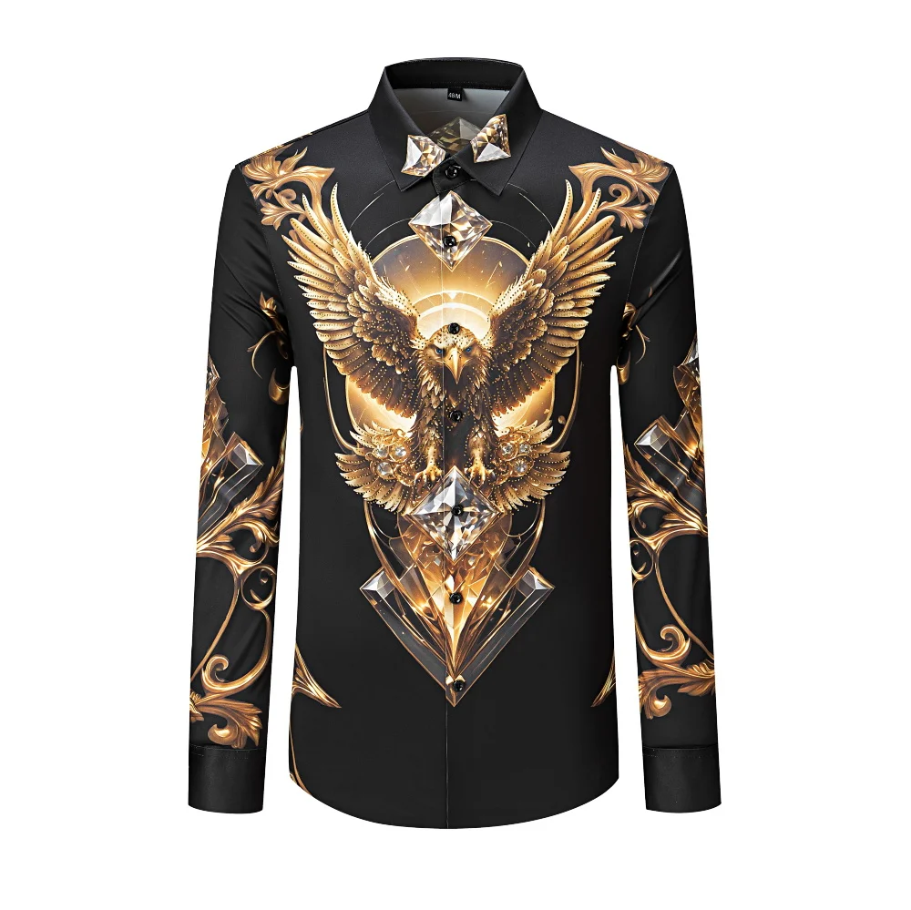 

Luxury Eagle Rhinestone Long Sleeved Shirt Men Slim Casual Business Social Formal Shirts Streetwear Banquet Party Dress Shirt