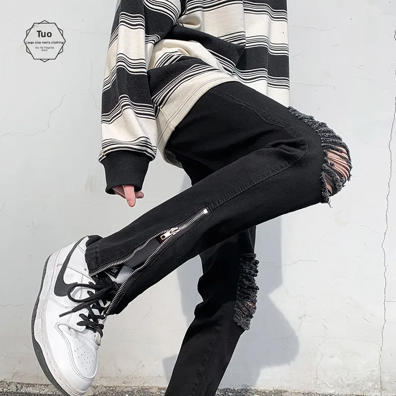 

American Vibe High Street Trendy Brand Men's Summer Thin Loose Casual Long Jeans mid Waist Zipper Cotton Polyester Blend