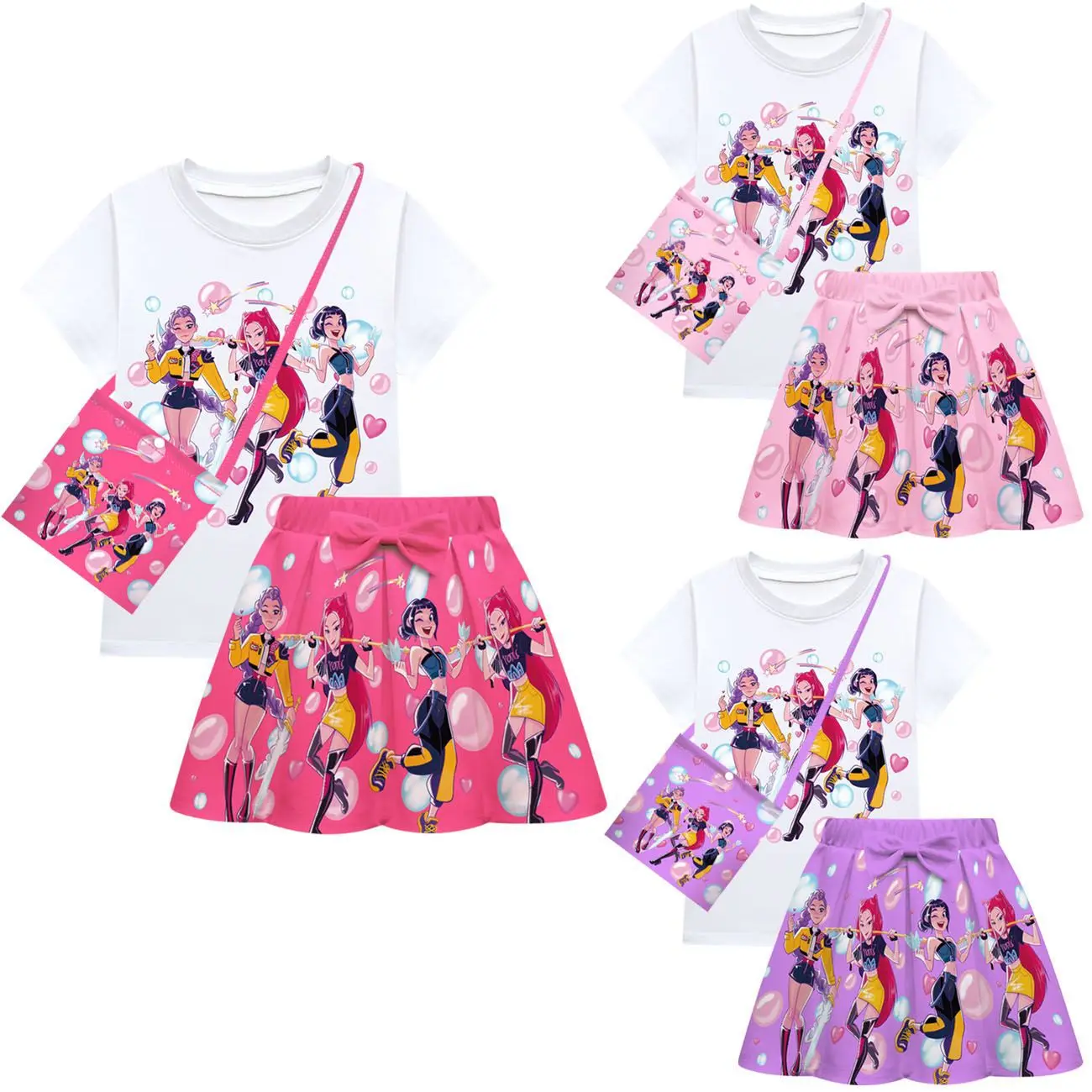 

KPop Demon Hunters Girls Tops T-Shirt Pleated Skirt Sets Fashion Cartoon Anime Character Print Kids Summer Fancy Tshirt Skirt