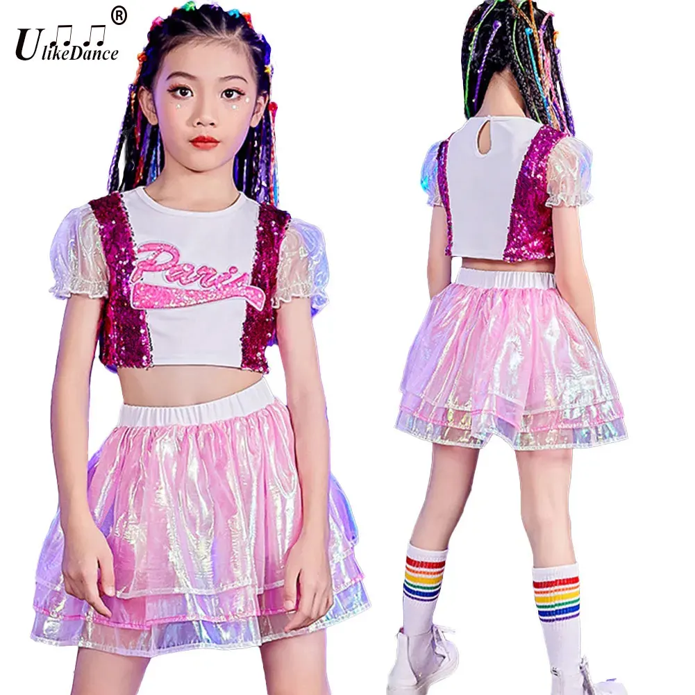 

Ulikedance Girl Jazz Dance Costumes Children Fashion Pink Cheerleader Sequins Suit Model Catwalk Stage Costumes Hip Hop Clothing