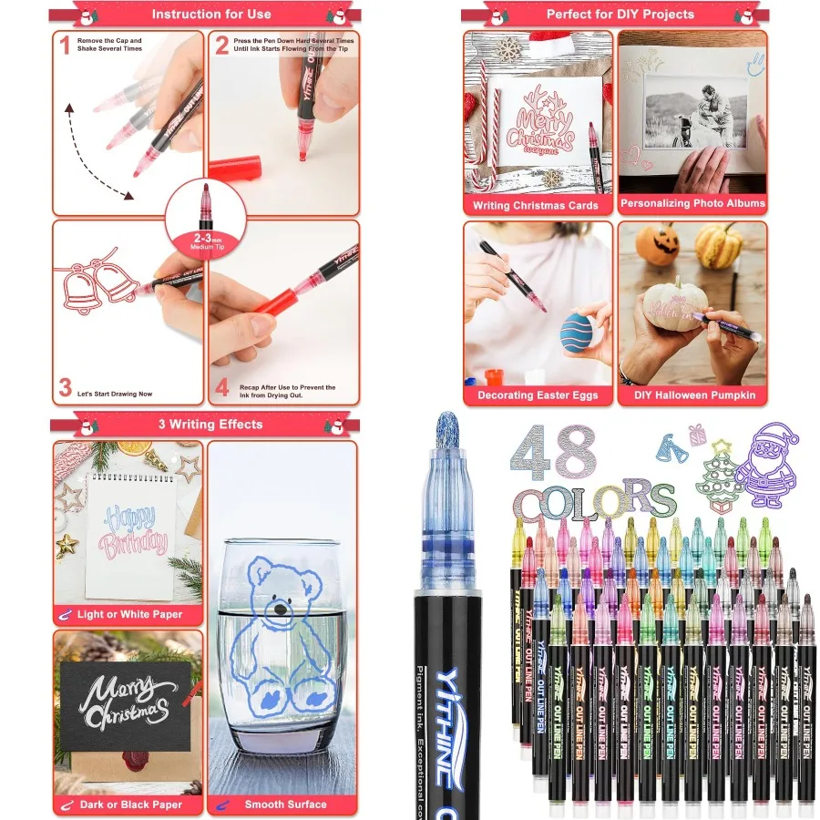 

Контурные мерцающие маркеры 48, блестящие металлические гелевые ручки для раскрашивания, идеально подходящие для художественных поделок и творческих проектов, идеальное Рождество