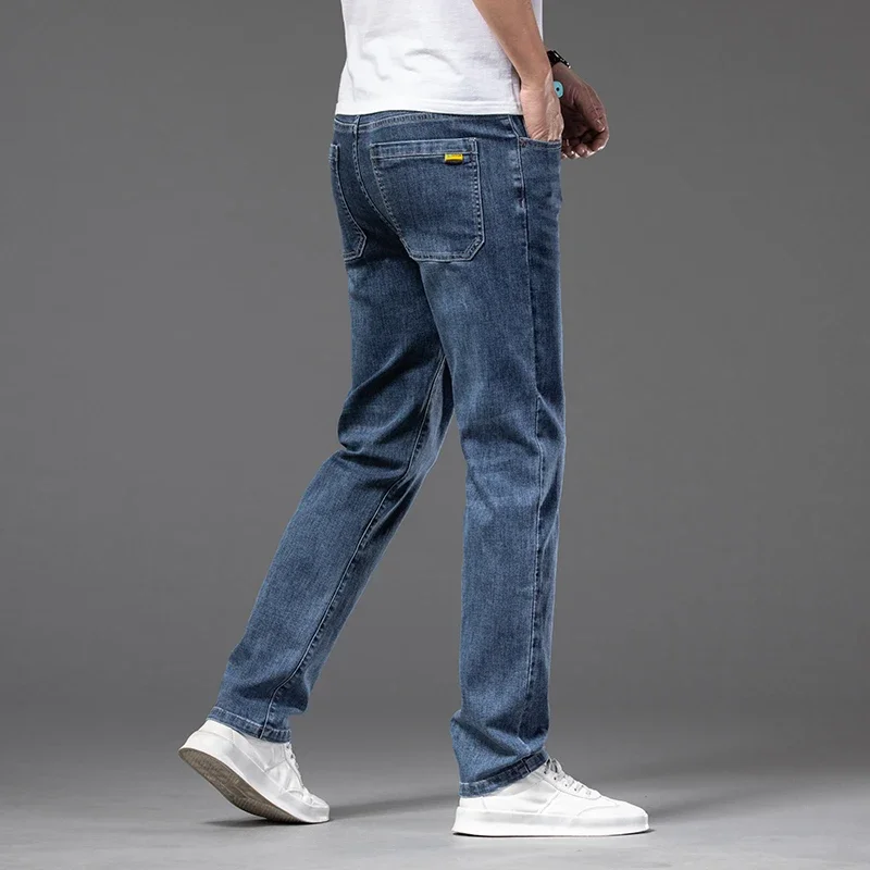 Spring Summer Thin Men\'s Classic Jeans Elastic Loose Straight Cotton Casual Denim Trousers Brand Clothing Business Male Pants