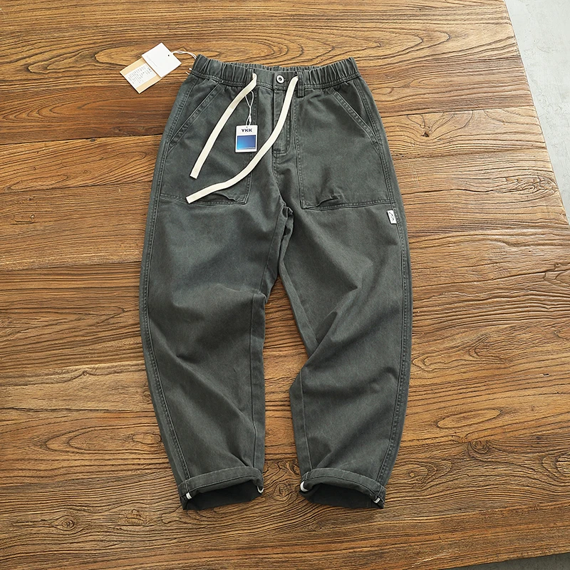 

Casual Loose Straight Leg Cone Men's Cotton Work Pants Faionable Urban Sle Breathable Long Trousers with Dstring