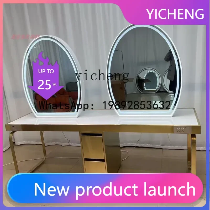 

H3 barber shop mirror with makeup mirror table luminous stainless steel marble barber shop perm mirror
