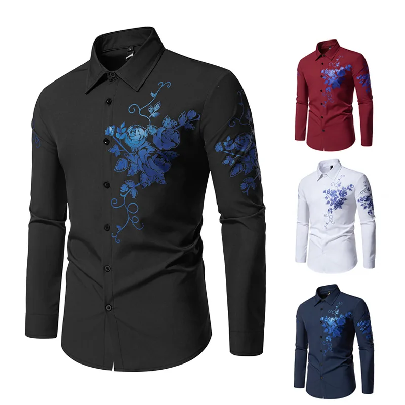 Men's Shirt Spring and Autumn New European Flower Hot Gold Triangle Neck Long Sleeve Shirt, Trendy Men