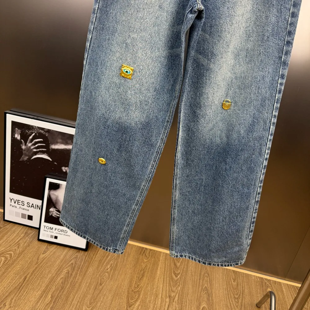 High Street Jeans Pants Women's Handmade Metal Buckle Decoration Mid Waist Wide Leg Straight Tube Blue Washed Denim Long Pants
