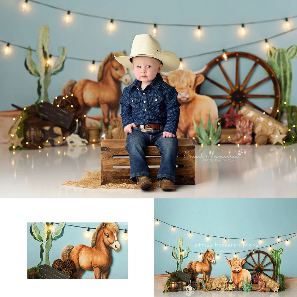 Cute Cowboy Backdrops Kids Baby Birthday Cake Smash Props Child Adult Photocall Cow Horse Photography Decors Background