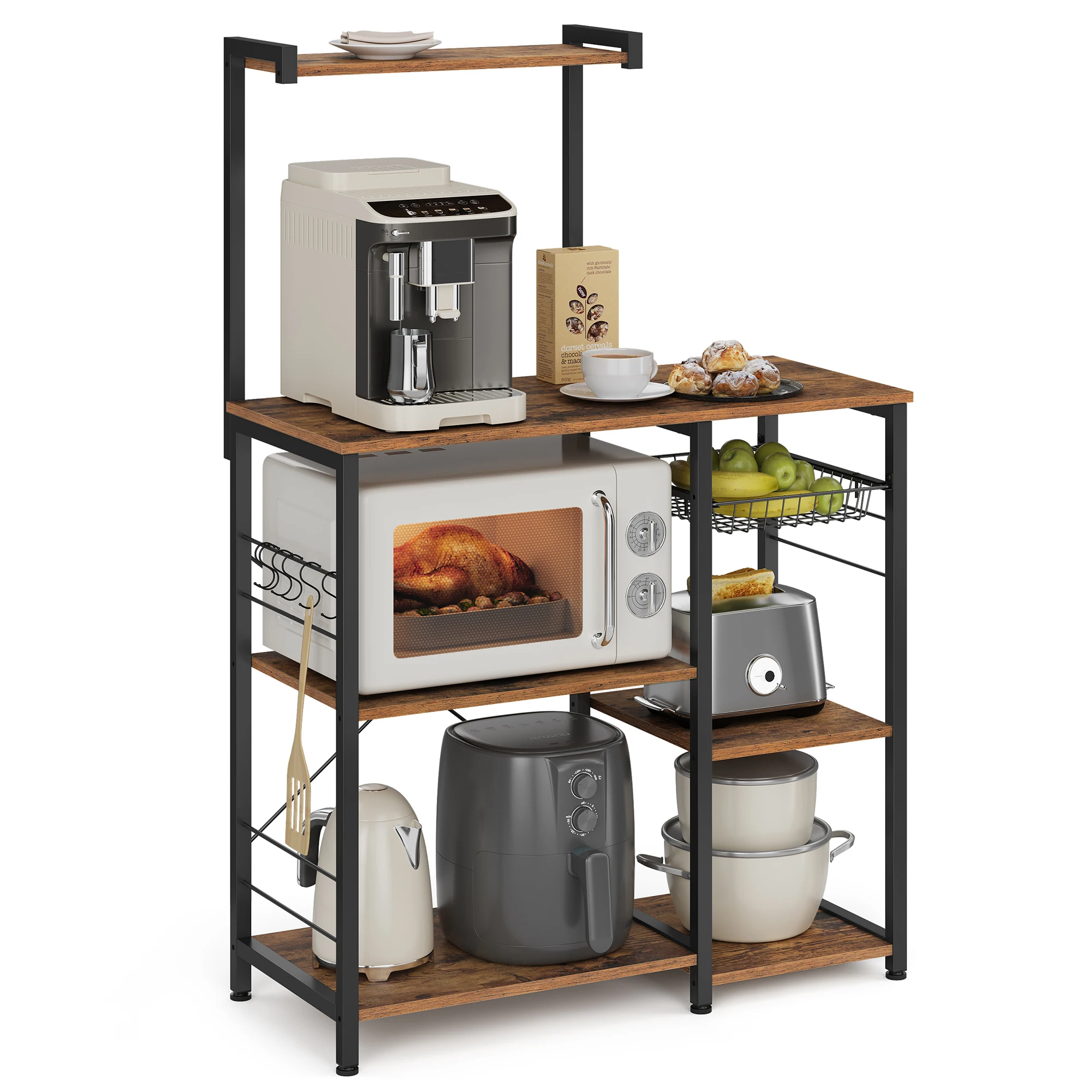 VASAGLE Baker's Rack, Microwave Stand, Kitchen Storage Rack with Wire Basket, 6 Hooks, and Shelves, for Spices, Pots, and Pans