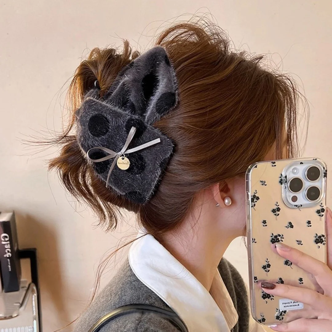 

Заколка для волос в горошек, плюшевая большая заколка для волос с открытой головой, треугольная заколка для волос, удобная для осенне-зимней повседневной носки