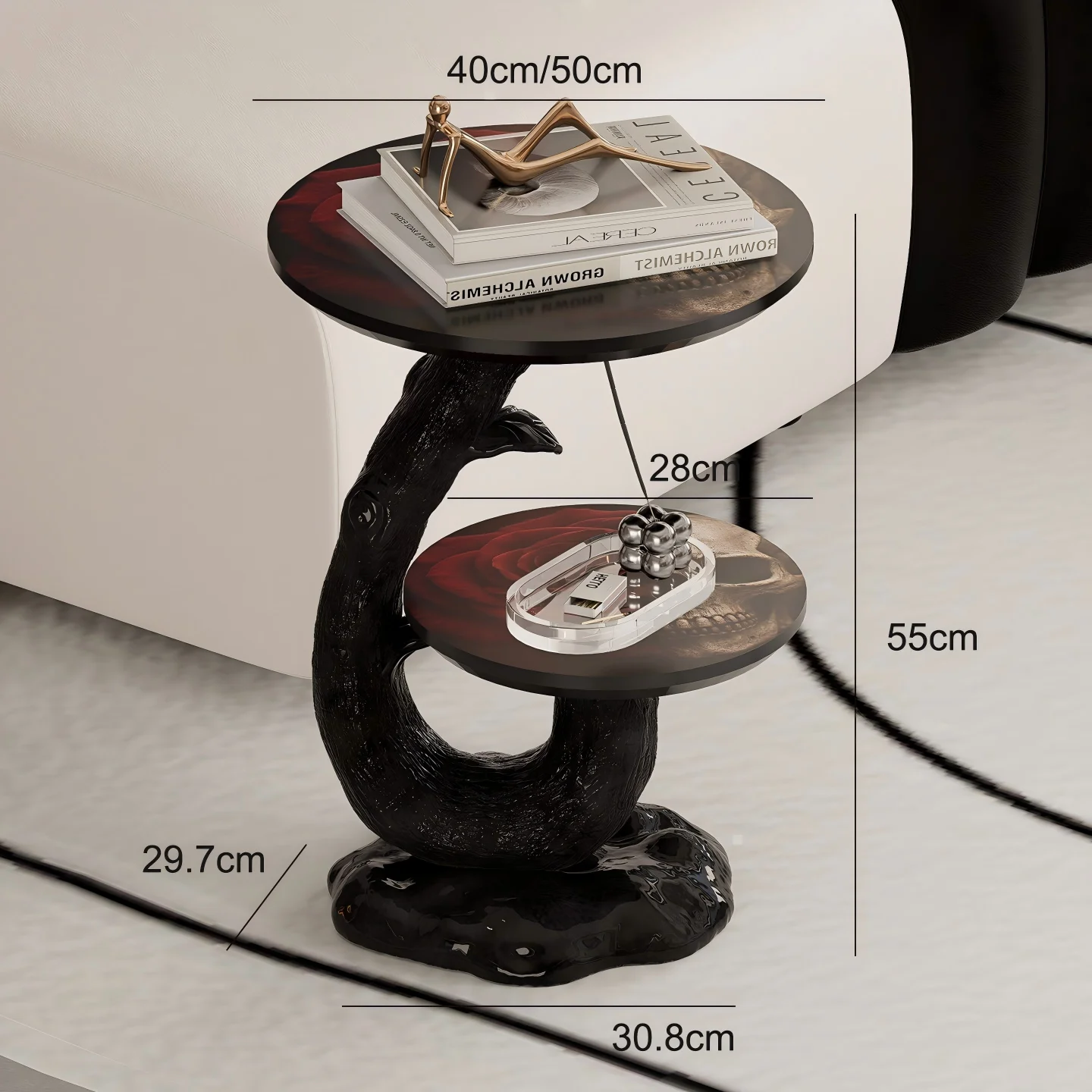 Modern Gothic Fiberglass Side Table Creative FRP Skull Rose Coffee Table Dark Art Double Tier End Table For Living Room Decor