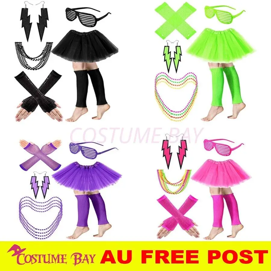 PESENAR Womens Neon 80s Tutu Skirt Fancy Dress 6pcs Accessories Set Themed Party Costume