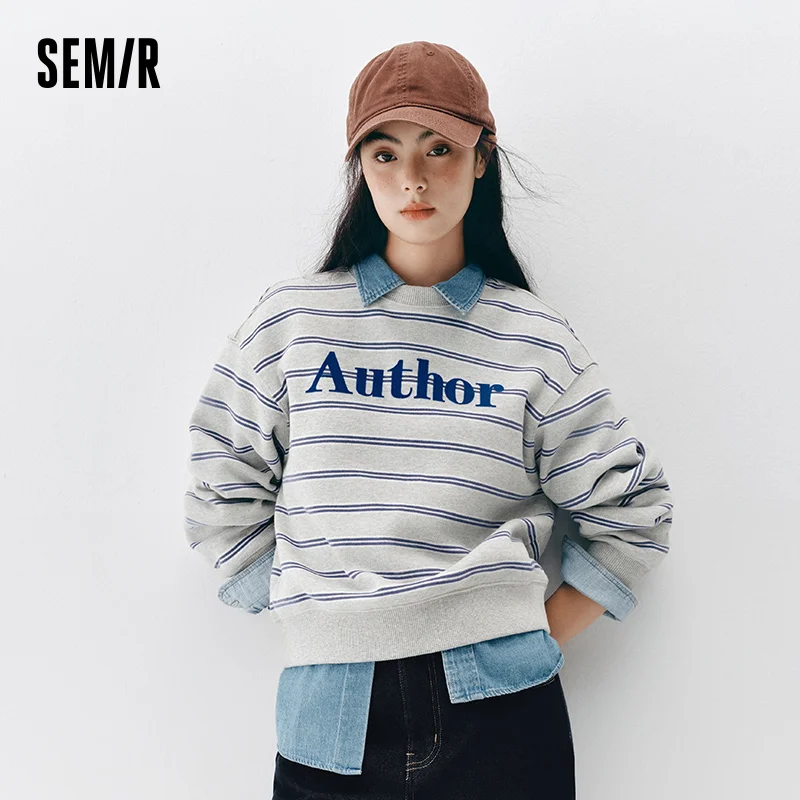 Semir Women Sweatshirt Fleece Lined Stripe Pattern Letter Graphic Urban Casual Style 2026 Winter Everyday Wear Soft Comfort