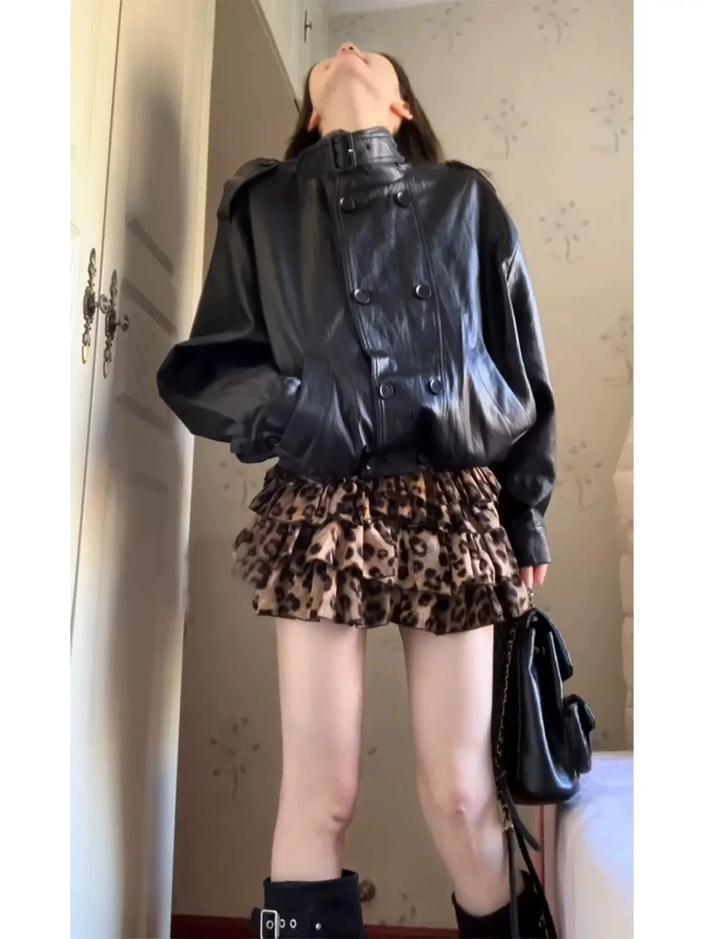 Retro Early Spring Feel Leopard Print Short Skirt Women's Design Sensation Half-length Flounce Puffy Cake Skirt for Girls
