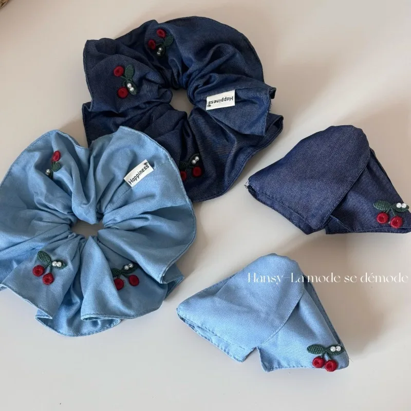 

Korean Style Embroidered Red Cherry Denim Triangle Bow Hair Claw High-End Hair Bun Shark Clip Hair Accessory New Style