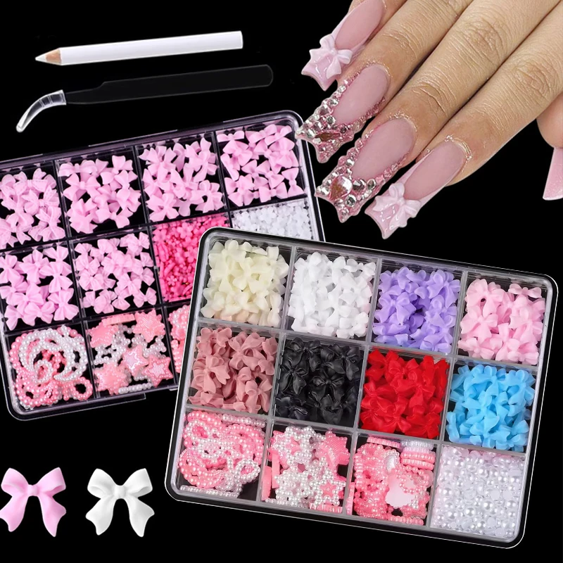 12Grid 3D Nail Accessories Nail Charm Resin Love Bow Pentagram Nail Accessories Mixed Pink White Resin Hollow Pearl for Manicure