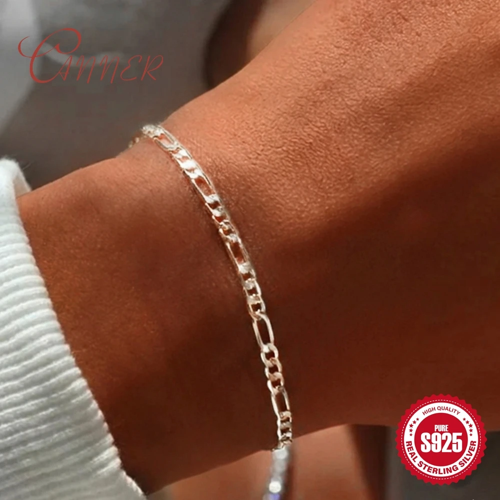 CANNER 925 Sterling Silver Shiny Lucky Chain Bracelet For Women Adjustable Figaro chain bracelet Mother's Day Fine Jewelry