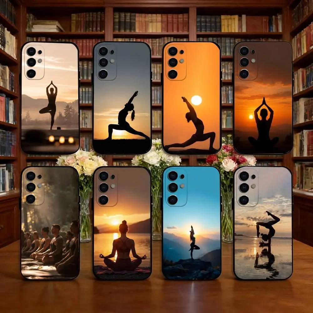 Yoga theme Phone Case Black Silicone Soft For Samsung S25,S24,S21,S22,S23,S30,Ultra,S20,Plus,Fe,Lite