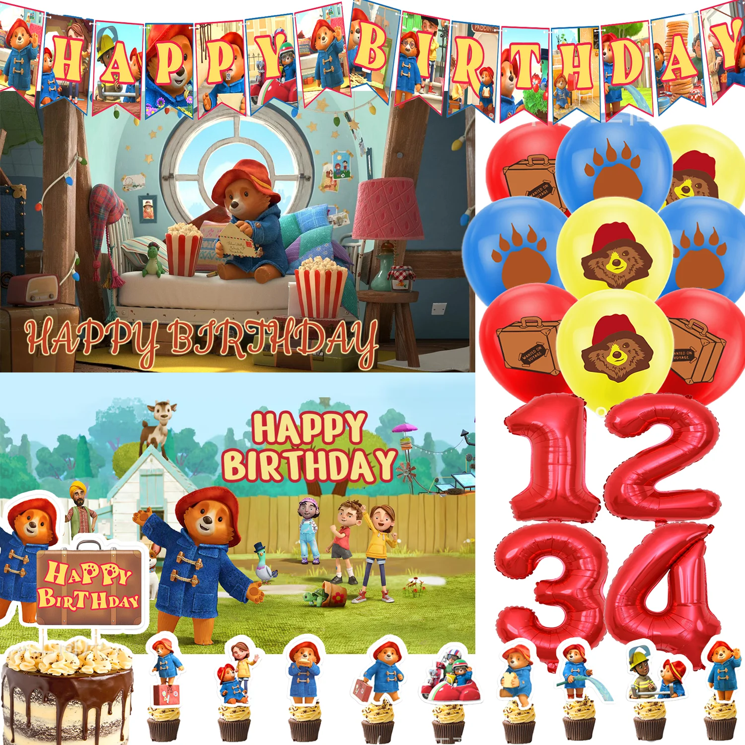 

P&Paddington Beares Theme Birthday Party Supplies Cartoon Animal Balloon Cake Topper Banner Backdrop Kids Baby Shower Kids Props
