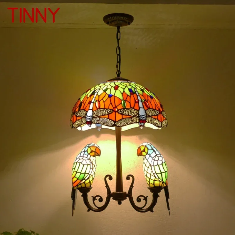 TINNY Tiffany Parrot Chandelier Vintage Creative Color Glass Living Room restaurant Bedroom Hotel Corridor Pendant Lamp