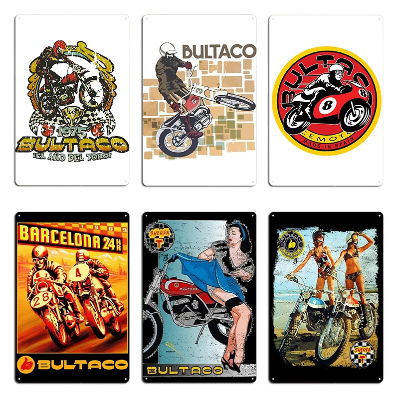 Bultaco Moto Rider Saltando En Acciones Camiseta علامة معدنية حانة الطباعة جدار ديكور حفلة جدار حانة تين تسجيل ملصق #1