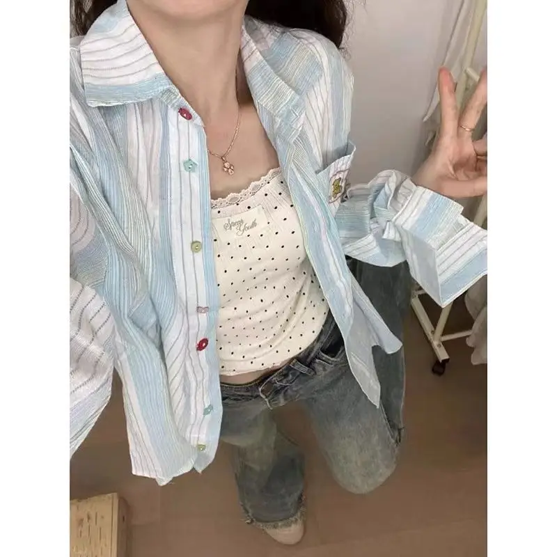 

Women Blue Striped Blouses Korean Style Y2k Long Sleeve Shirts Harajuku Fashion Casual Cute Embroidery Cardigan Summer