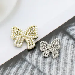 6PCS Luxury Metal Bow Diamond Peral Buttons For Dress Lady Coat Decorated Hand Stitched Buttons Of Applique DIY Wedding Accessor