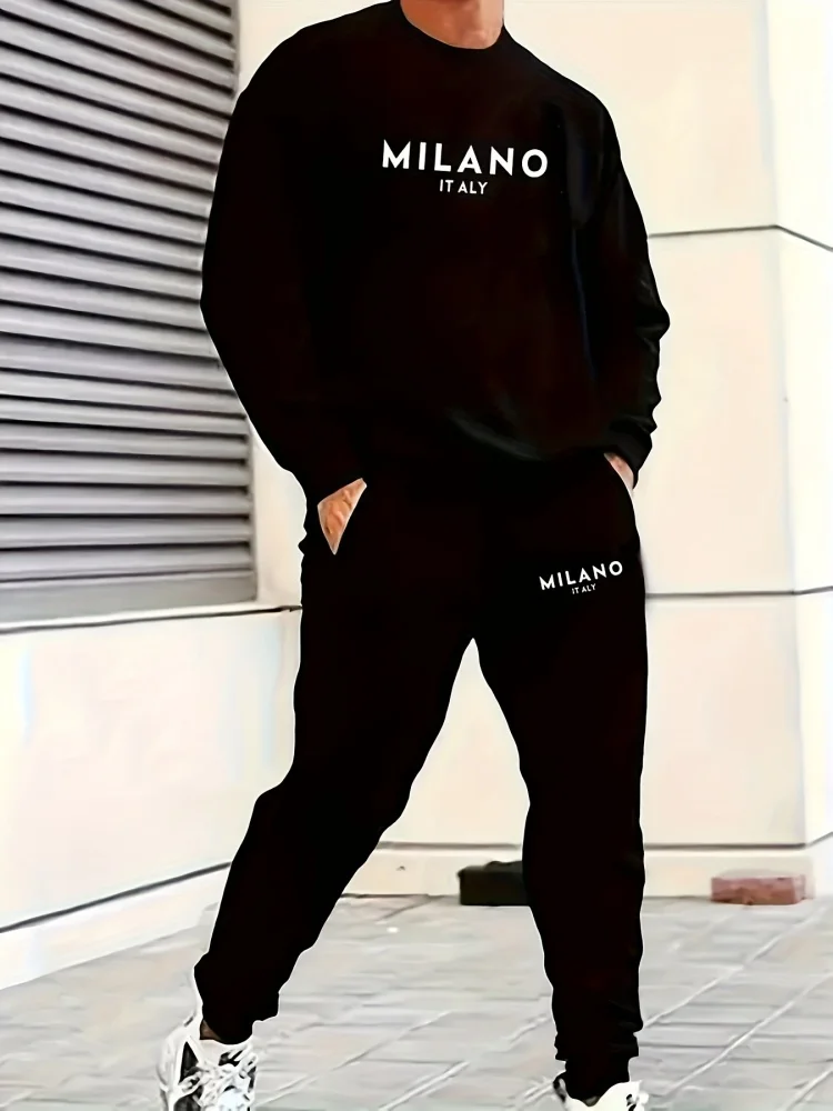 

Новая мужская футболка с длинными рукавами и брюки, топ с круглым вырезом и 3D буквенным принтом, дышащие спортивные штаны, комплект из двух предметов