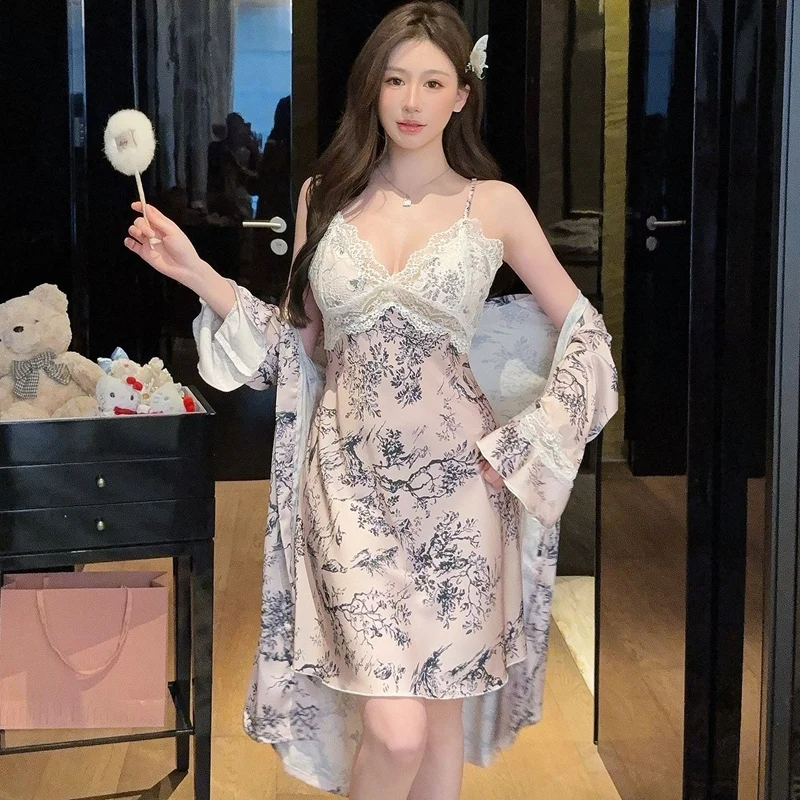 

2026 Summer 2PCS Sexy Lace Lingerie Silk Satin Nightgowns Robes Sets For Women Korean Bathrobes Sleepwear Nightdress Night Dress