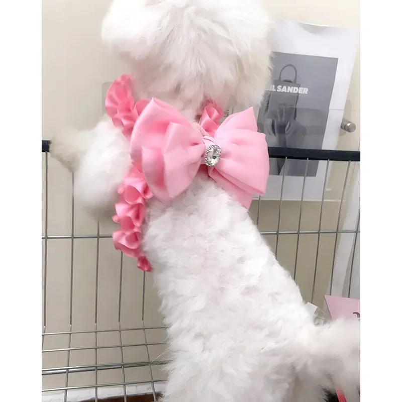 Puppy Dog's Harness Traction Rope Cute Korean Pink Bow Harness Rope Set for Small Medium Dog Yorkshire Outerdoor Leashes Harness