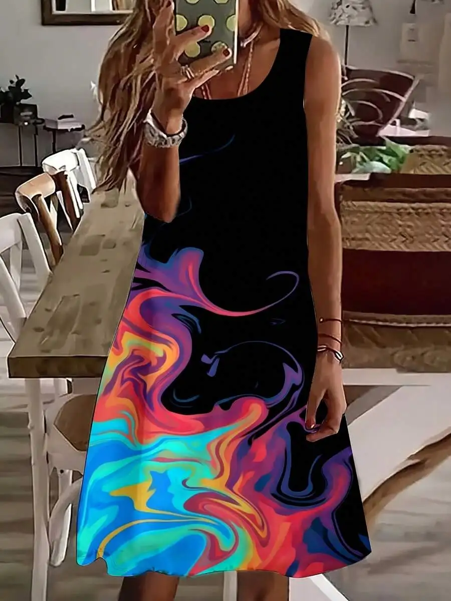 

Women Sleeveless Dress Colorful Abstract Print Summer Party Dress