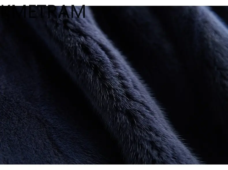 سترة KMETRAM 100% من فرو المنك الطبيعي بالكامل للنساء معطف طويل من الفرو الحقيقي باللون الأزرق الداكن مع غطاء محرك السيارة معاطف شتوية ملابس نسائية 2025 schuba