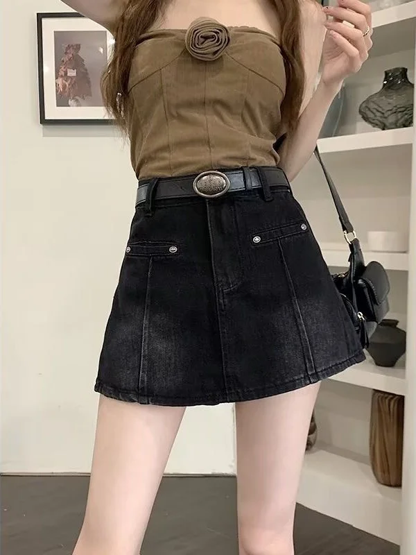 plus Size Retro Black Denim  Skirt Women Summer Anti-Light High Waist Slim Fit A-Line Short Skirt Pants Cotton Blend