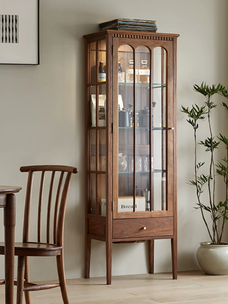 Black Walnut Retro Style Living Room Display Cabinet Tableware Cup and Saucer Locker Glass Cabinet with Light