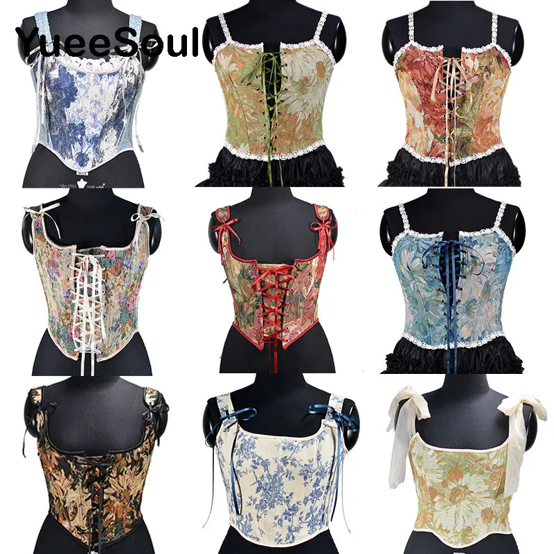 2023 Vintage Women Corset Printed Sleeveless Bandage Hollow Out Slim Crop Tops Fashion Cute Y2K Sexy Female Bustier Camisole