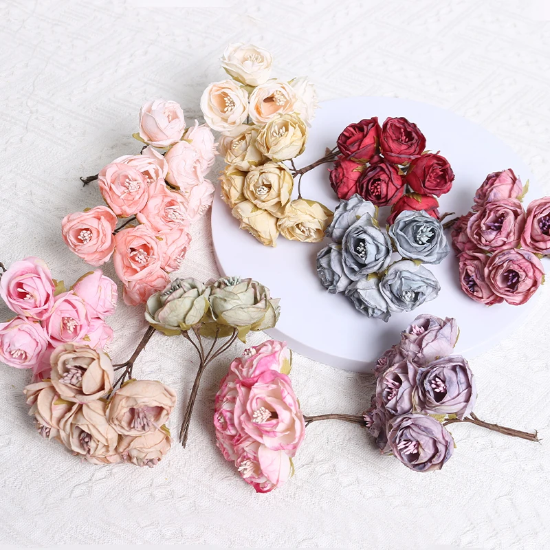 

6Pcs/Bundle Artificial Flowers Bouquet Burned Edge Rose Fake Flowers for Home Decor Wedding Decoration DIY Wreath Accessories