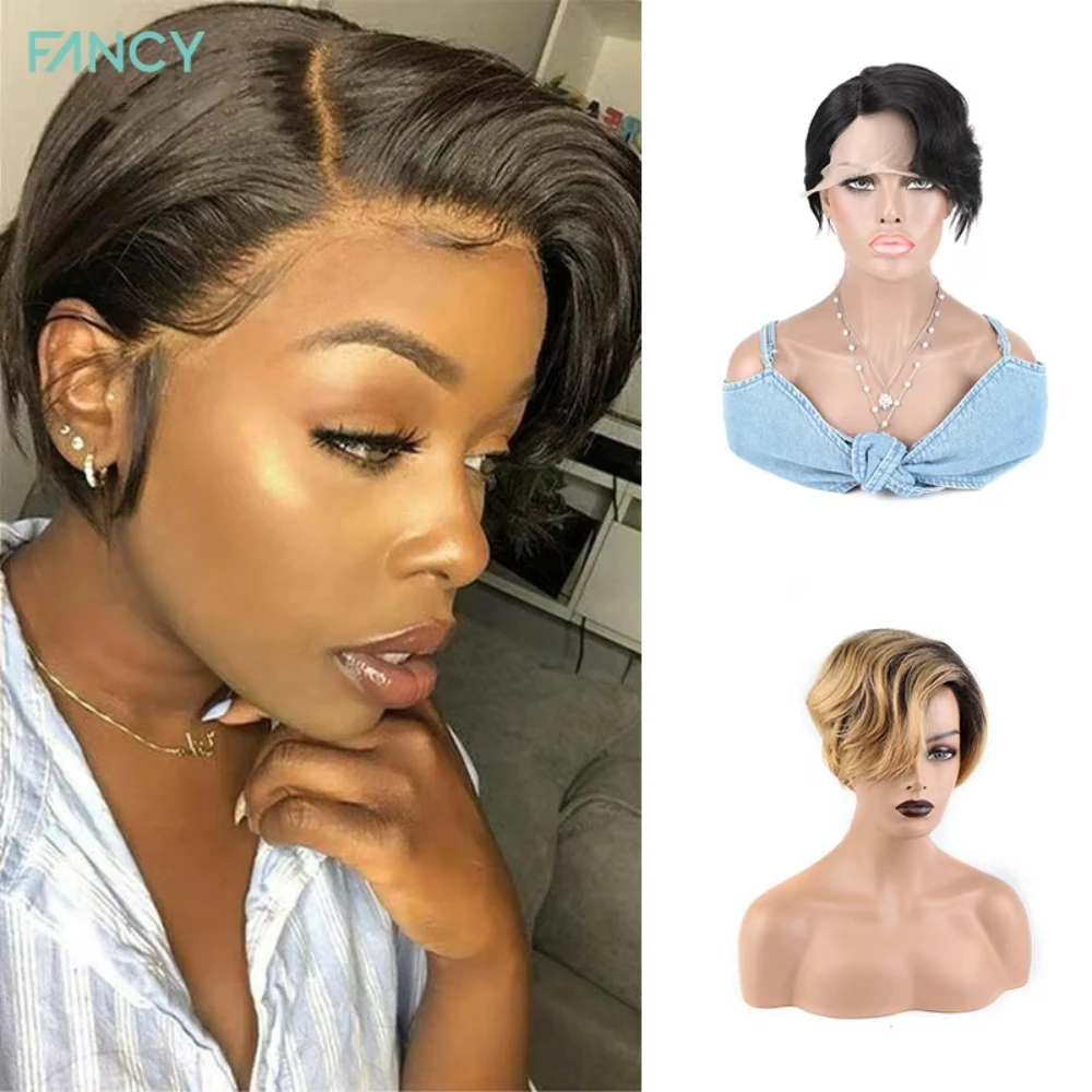 Short Pixie Cut Human Hair Wig with Side Part Bangs Brazilian Remy Hair Colored Short Wig Curl Wave Human Hair Wigs for Women