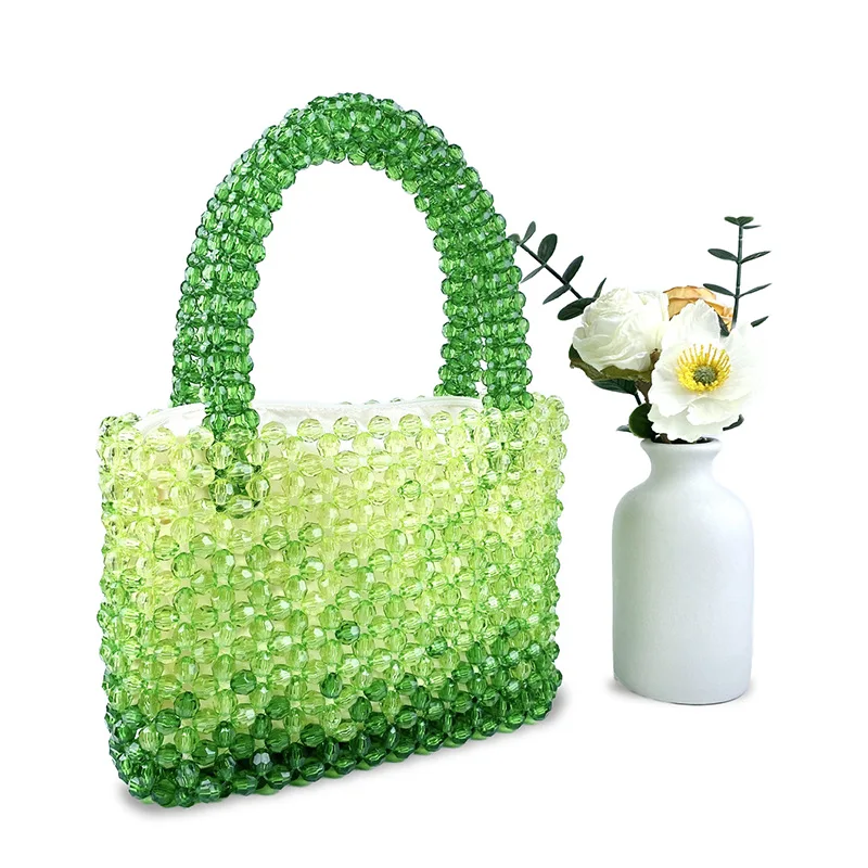 2024 New Arrivals Gradient Green Beaded Handbag for Women Fashion Handmade Acrylic Beaded Tote Bag Party Wedding Clutch Bolsa