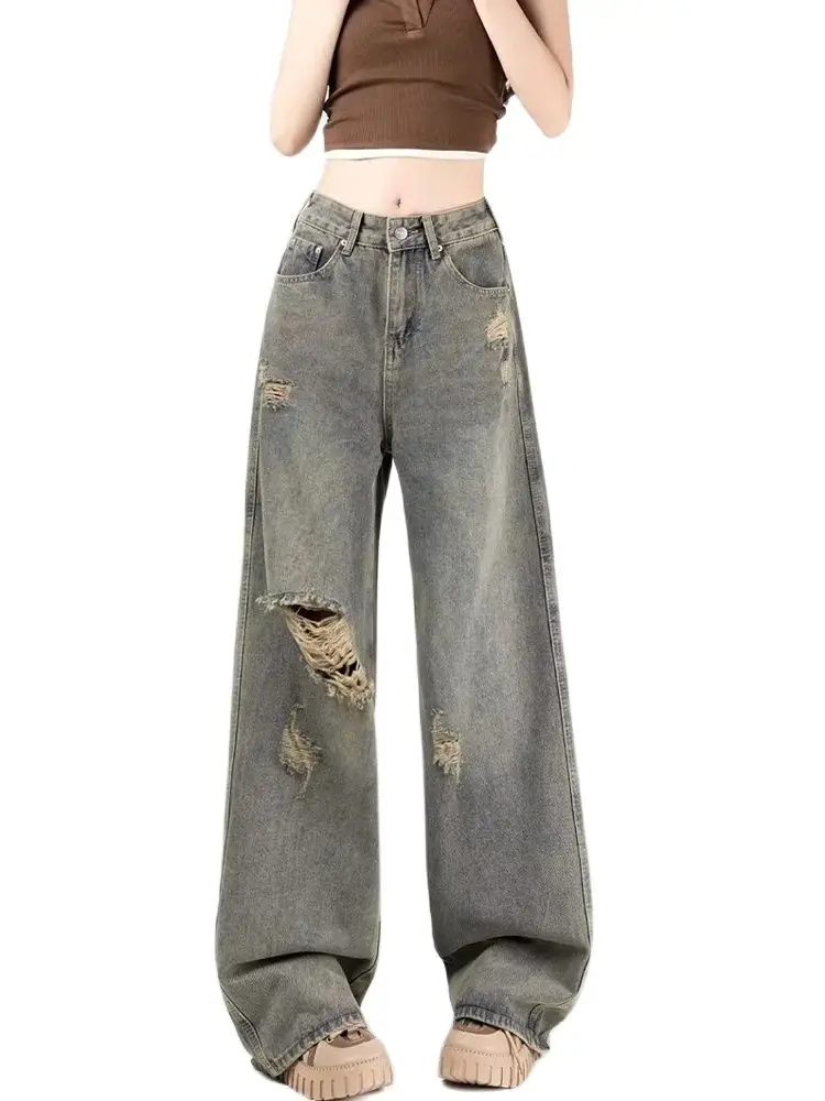 

2024 Women's Grey Jeans Ripped Design Sense High Waist Versatile Jeans Instagram Style High Waist Wide Leg Baggy Denim Trousers