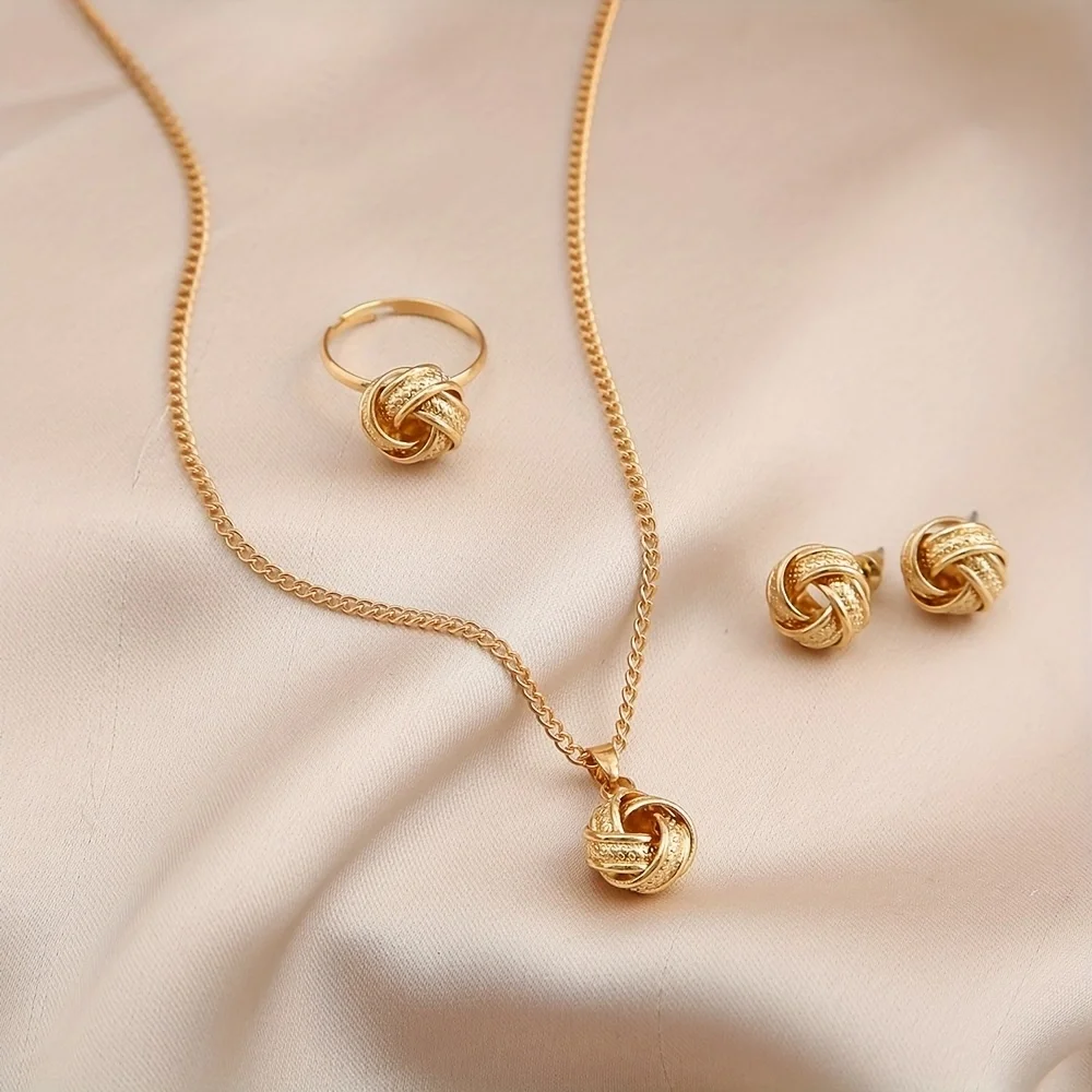 A set of hollow-out knotted three-dimensional round rings earrings necklace jewelry set lady dating gift