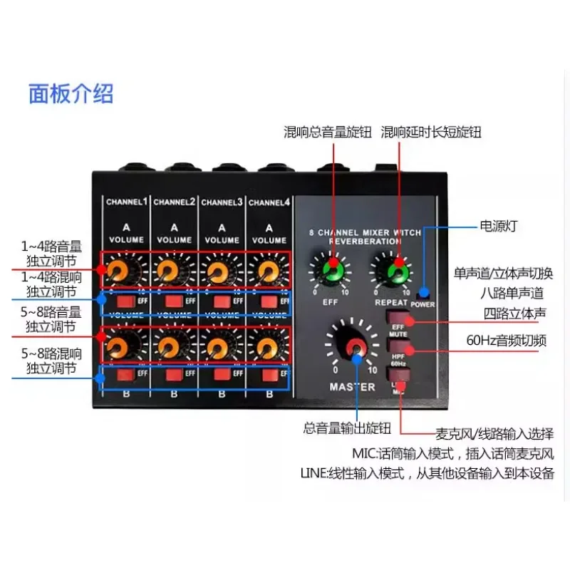 4-10 microphone mixer, instrument multi-channel microphone expander, reverb collection line