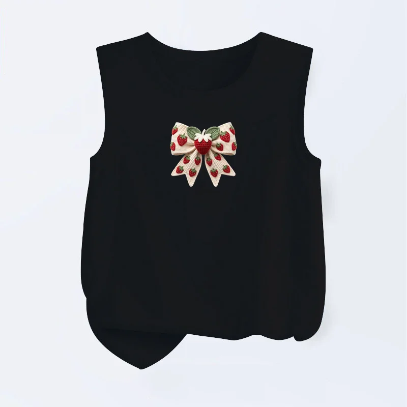 2026 Little Girls Summer Breathable Tank Tops Strawberry Bowknot Print T-Shirt Kids Casual Sleeveless Vest Tees