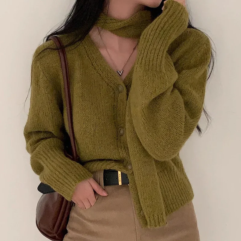 

Korean Chic Autumn Winter Hanging Neck Top Women Retro V Neck Single Breasted Long Sleeved Shirt Casual Versatile Sweater Shirt