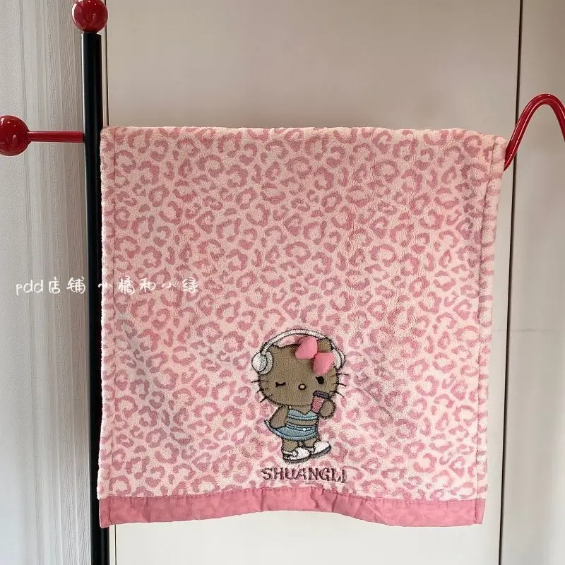 Kawaii Sanrio HelloKitty Leopard Print Face Towel Thick Coral Fleece Quick Dry Absorbent Couple Cute Anime Cartoon Holiday Gift view 5